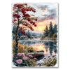 A painting of a red hydrangea tree and water reflection at sunset.