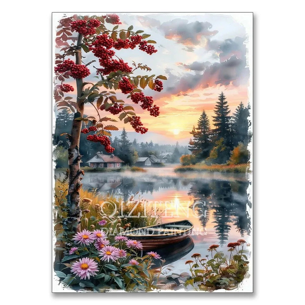 A painting of a red hydrangea tree and water reflection at sunset.