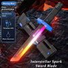 A black and blue Interstellar Spark Sword blade with a glowing pink light and an orange edge, displayed against a dark backgr