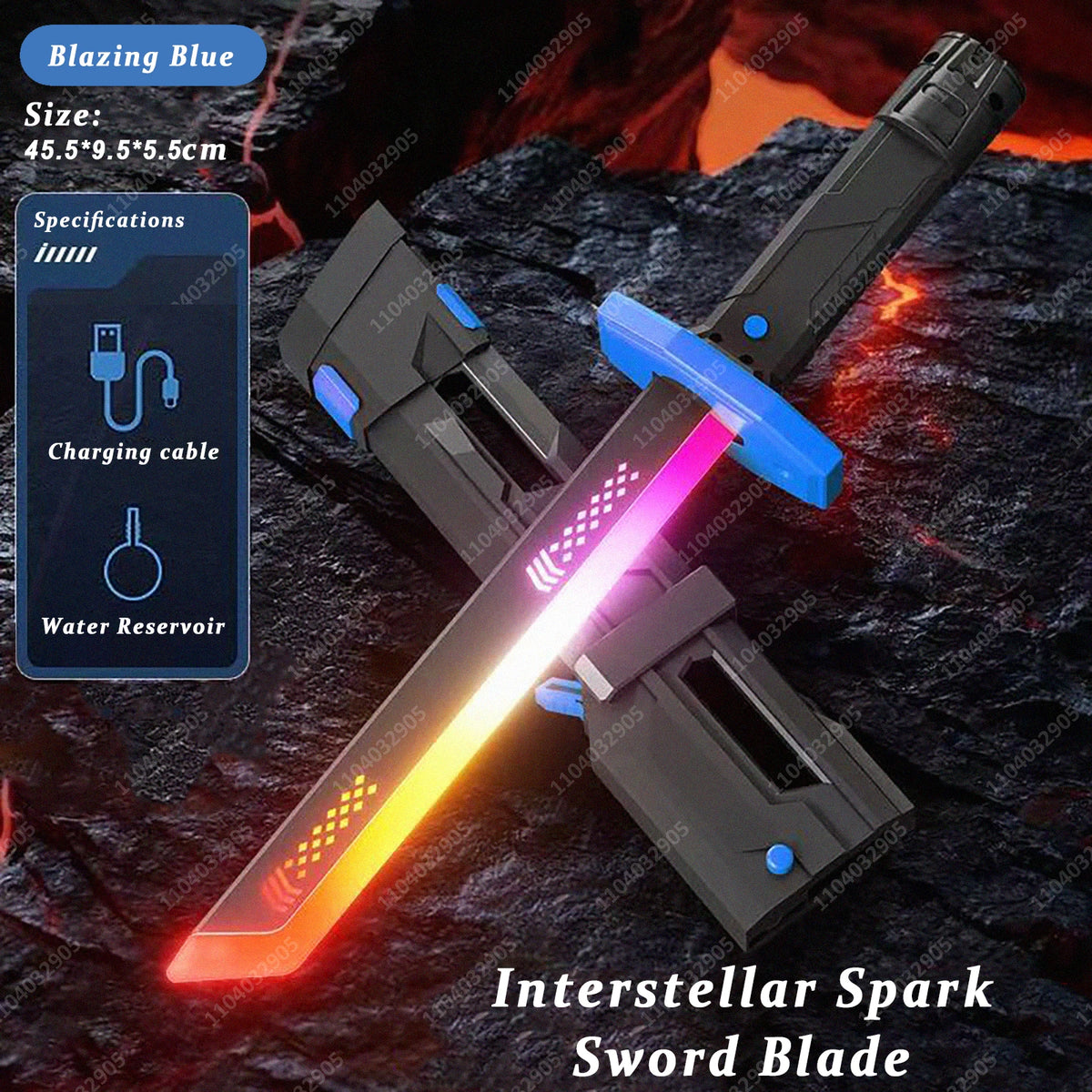 A black and blue Interstellar Spark Sword blade with a glowing pink light and an orange edge, displayed against a dark backgr