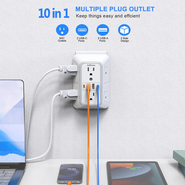Enchufe múltiple blanco de 10 en 1 con 6 tomas AC, 2 puertos USB-C, 2 puertos USB-A y diseño de 3 lados conectado a la pared.