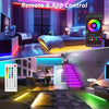 A display showing remote and app control features for Bluetooth RGB LED strip lights used for ambient lighting.