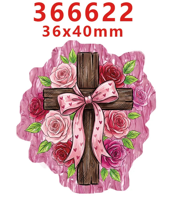 A wooden cross decorated with pink and red roses and leaves, set against a light pink background.