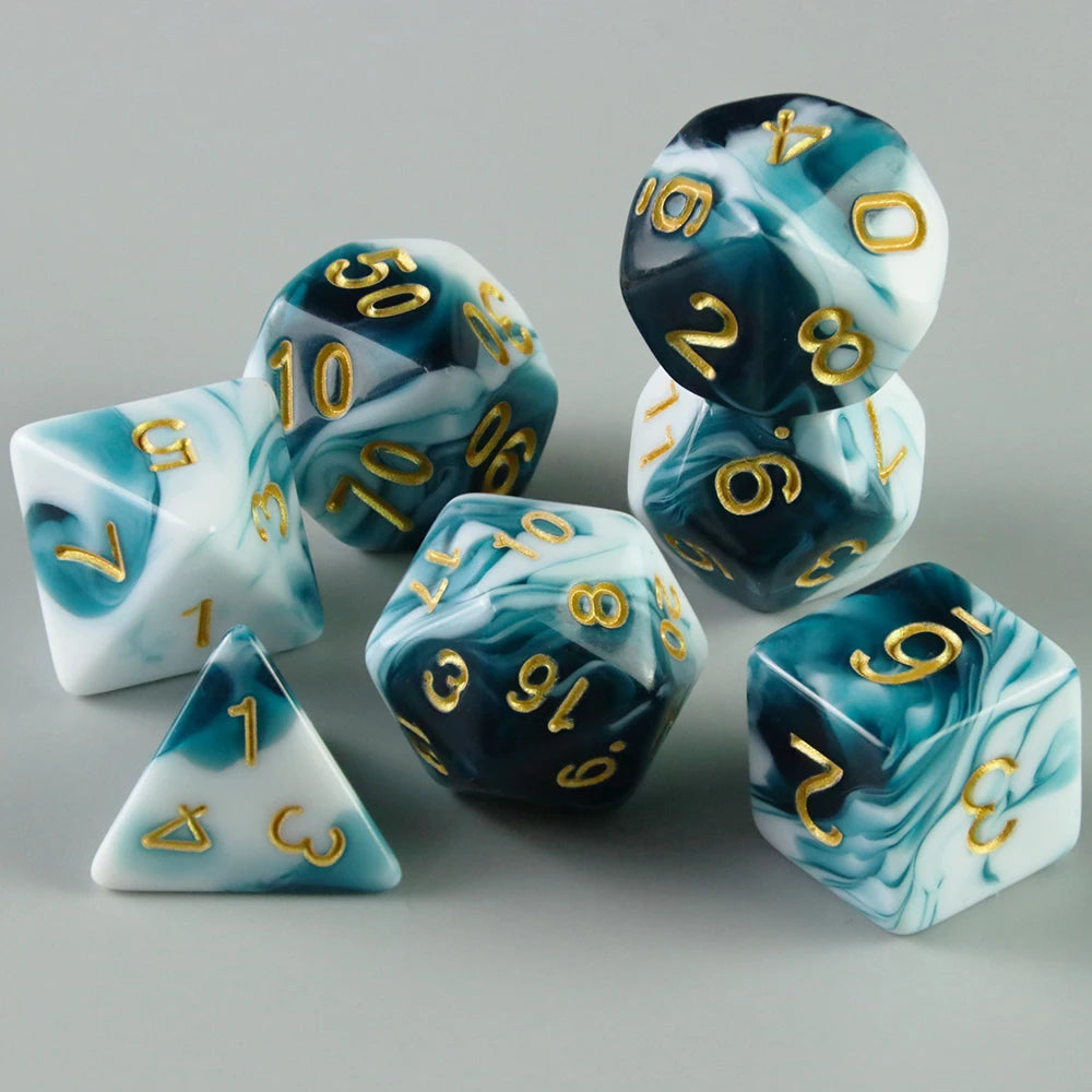 A set of seven polyhedral dice featuring a marbled blue and white design with gold numbering.