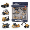 A set of six die-cast construction toys including an excavator, loader, and tractor in yellow and black.