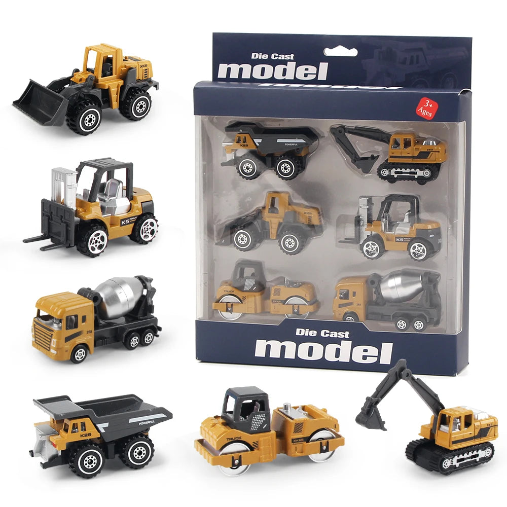 A set of six die-cast construction toys including an excavator, loader, and tractor in yellow and black.