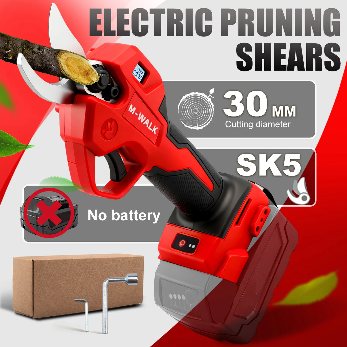 Red electric pruning shears with an M-Walk handle and SK5 blade shown next to a battery and a small metal object.