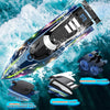A black and blue high-speed RC speedboat with LED lights cutting through the water.