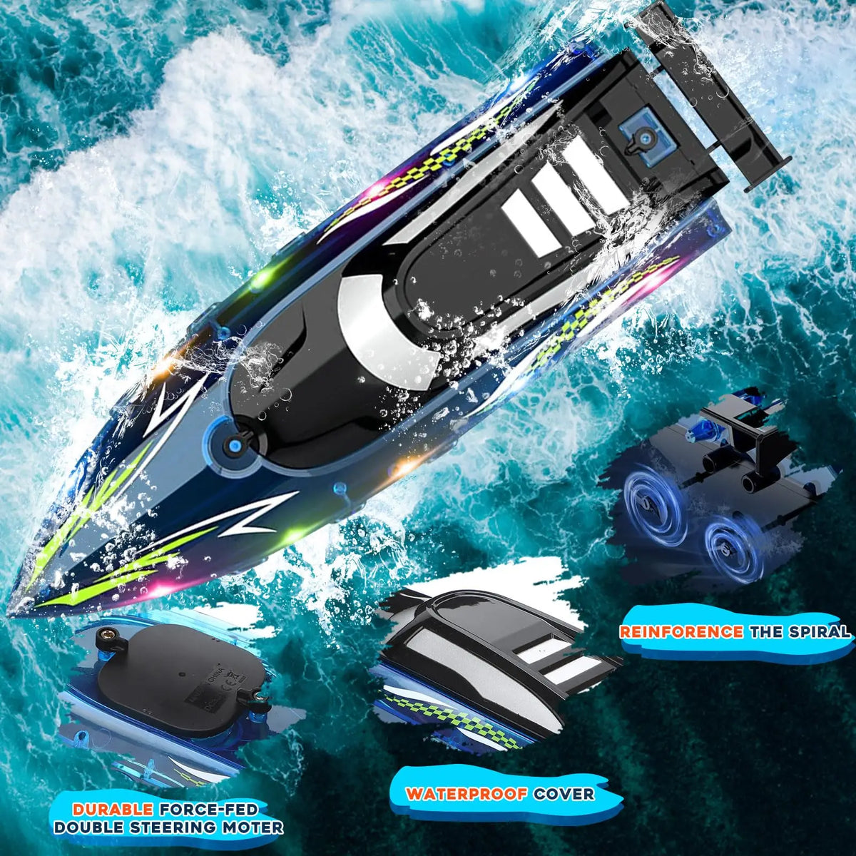 A black and blue high-speed RC speedboat with LED lights cutting through the water.