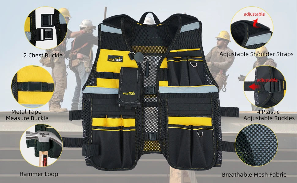 A black and yellow reflective tool vest featuring multiple pockets, adjustable straps, and a phone holder.