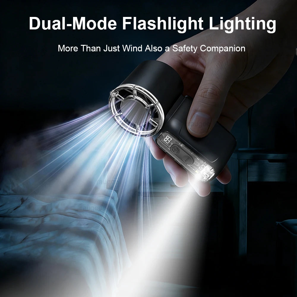A hand holds a dual-mode flashlight illuminating a bright beam against a dark background.