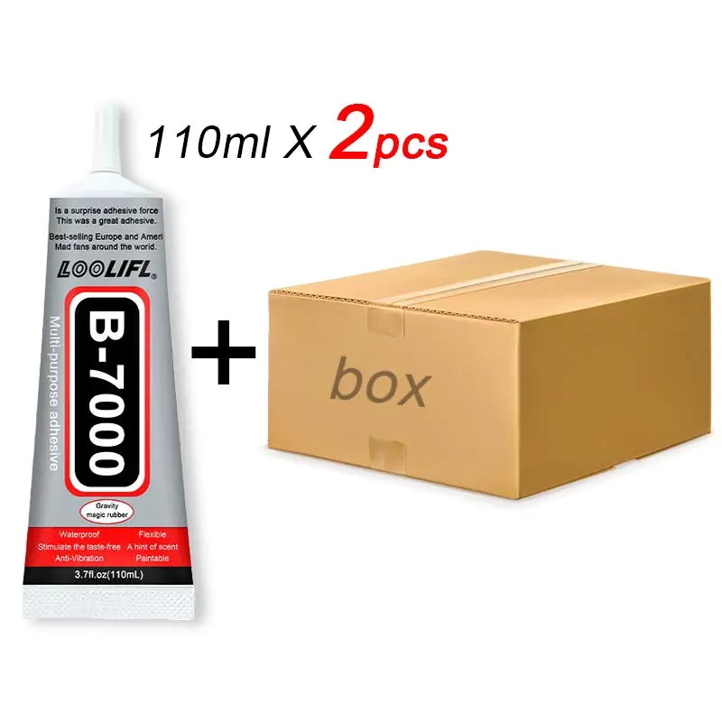 A bottle of LOOLIF B-7000 multi-purpose adhesive glue with a box and two pieces.
