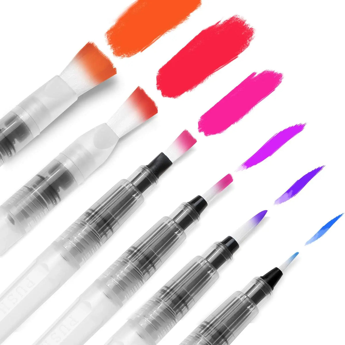 A set of eighteen fine tip watercolor brush pens in various shades of orange, red, and pink are shown diagonally.
