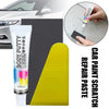 A tube of Body Putty paint scratch remover paste next to a yellow plastic tool and a hand demonstrating its use on a car surf