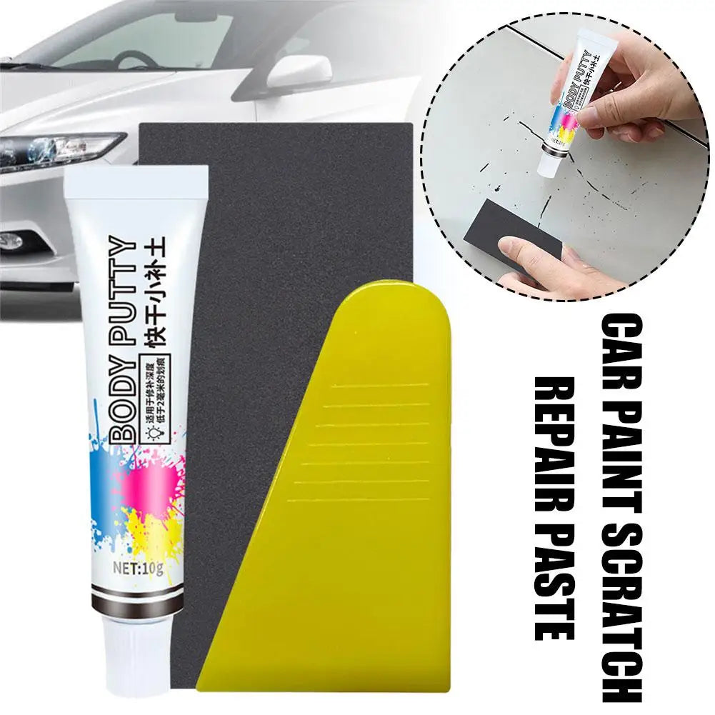 A tube of Body Putty paint scratch remover paste next to a yellow plastic tool and a hand demonstrating its use on a car surf