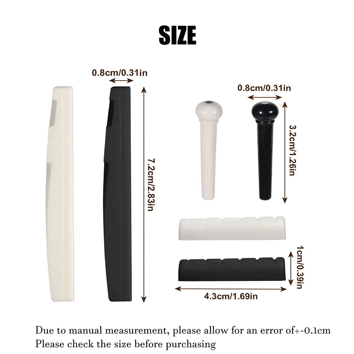 A set of guitar accessories including strings, capo, and picks shown with various dimensions.