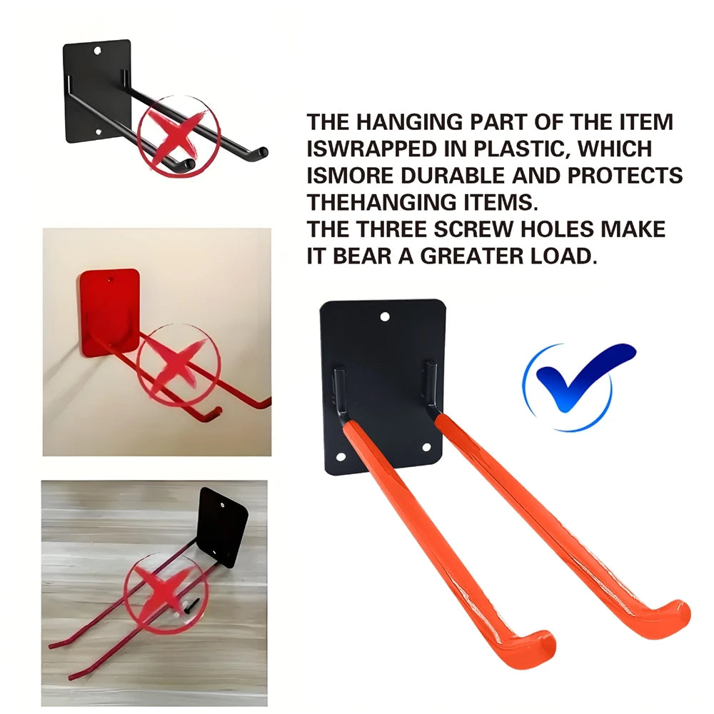 A heavy-duty wall-mounted garden tool organizer rack with plastic wrapping and three screw holes for increased durability.