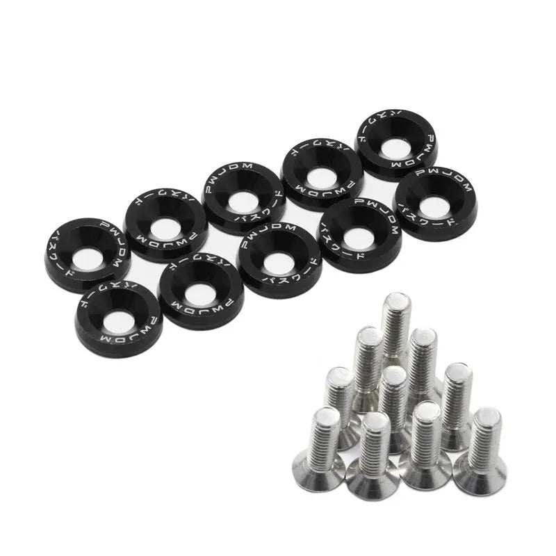 A collection of ten M6 Fender washer bolts in black aluminum alloy.