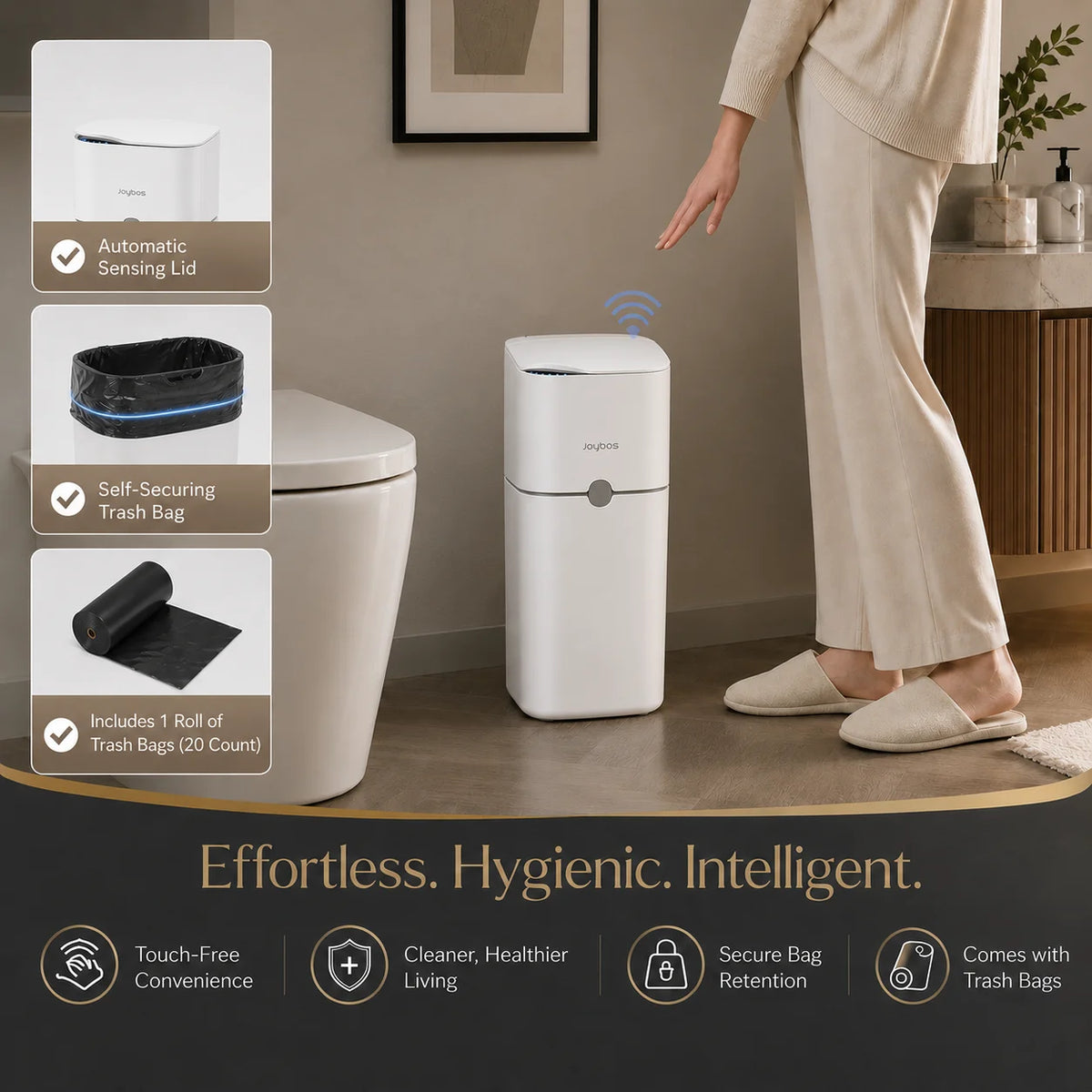 A white motion sensor trash can with a self-securing bag is shown next to a person's leg.
