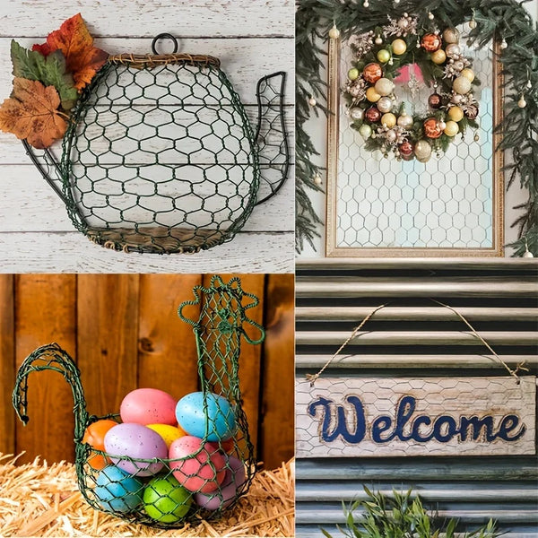 A decorative, oval-shaped hexagonal garden fencing netting made of green wire mesh is displayed in various contexts.
