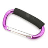 Heavy-duty aluminum stroller hooks featuring a purple finish and a black comfort grip.