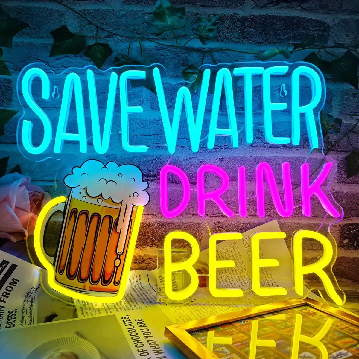 An LED neon sign shaped like a beer glass with the text SAVE WATER DRINK BEER glowing in bright blue and pink colors.
