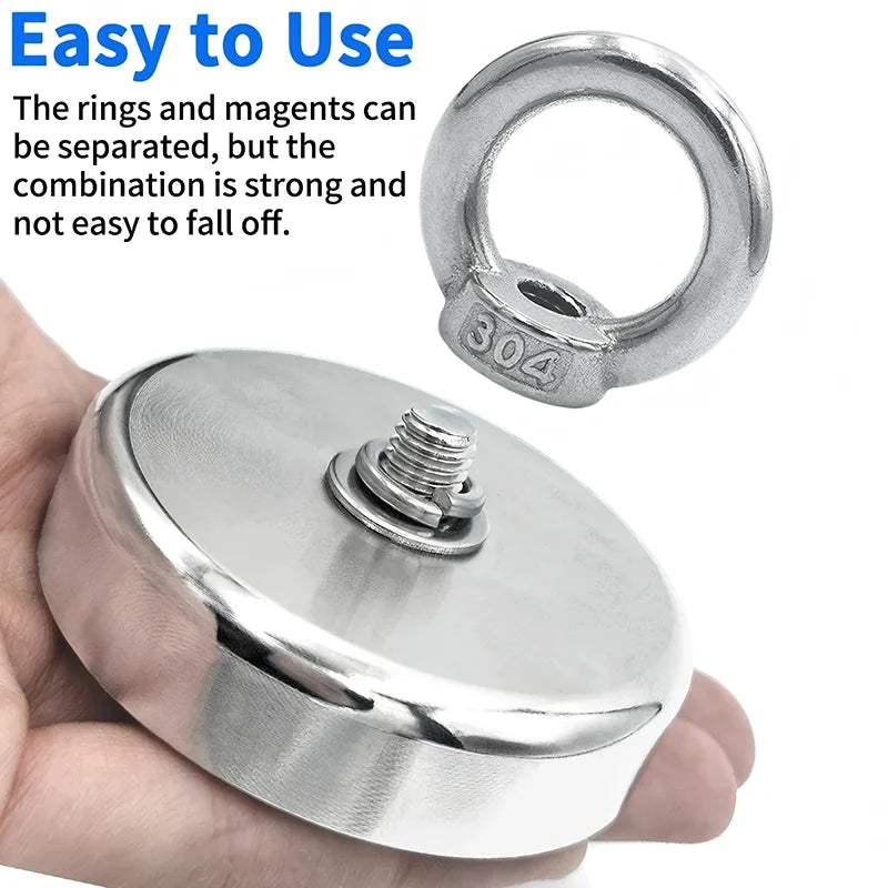 Eine Hand hält einen schweren Neodym-magnetischen Haken, wobei Ringe und Magnete getrennt sind.