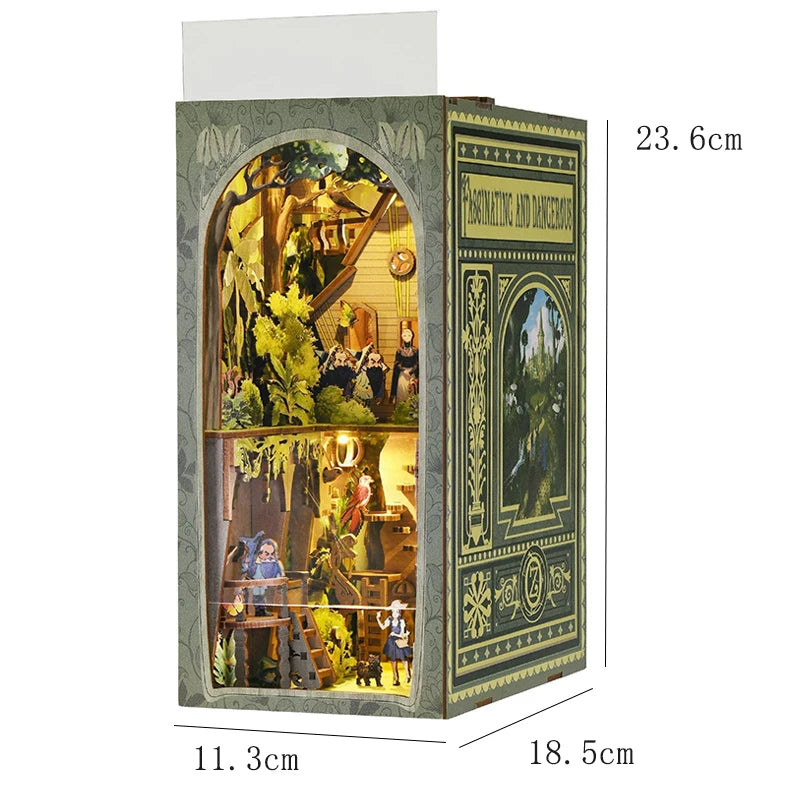 A wooden 3D puzzle bookshelf insert decor featuring a detailed miniature house scene with foliage and figures.