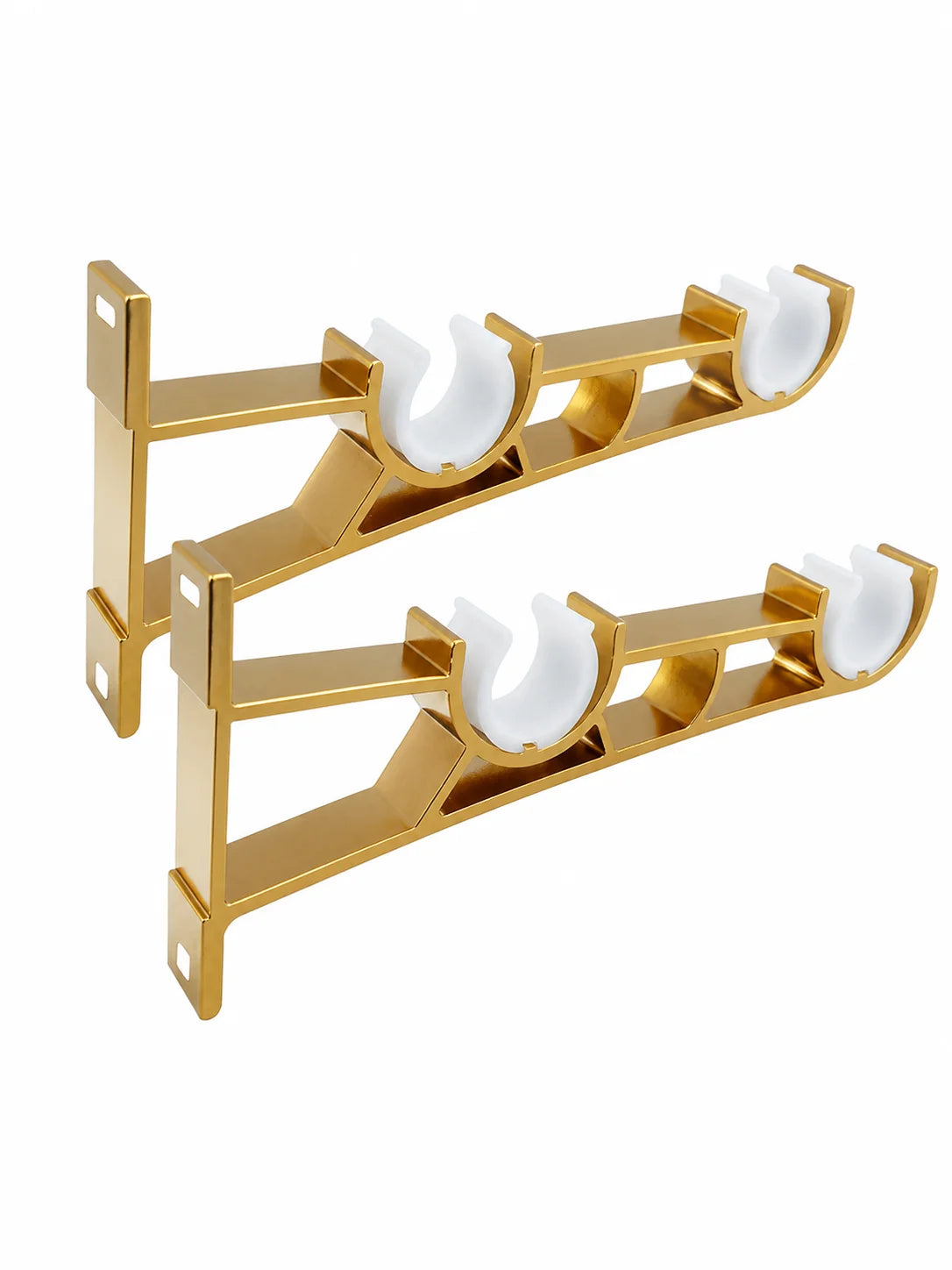 A pair of gold-colored heavy duty double curtain rod brackets for wall mounting, designed to fit 1 to 1.2 inch rods.
