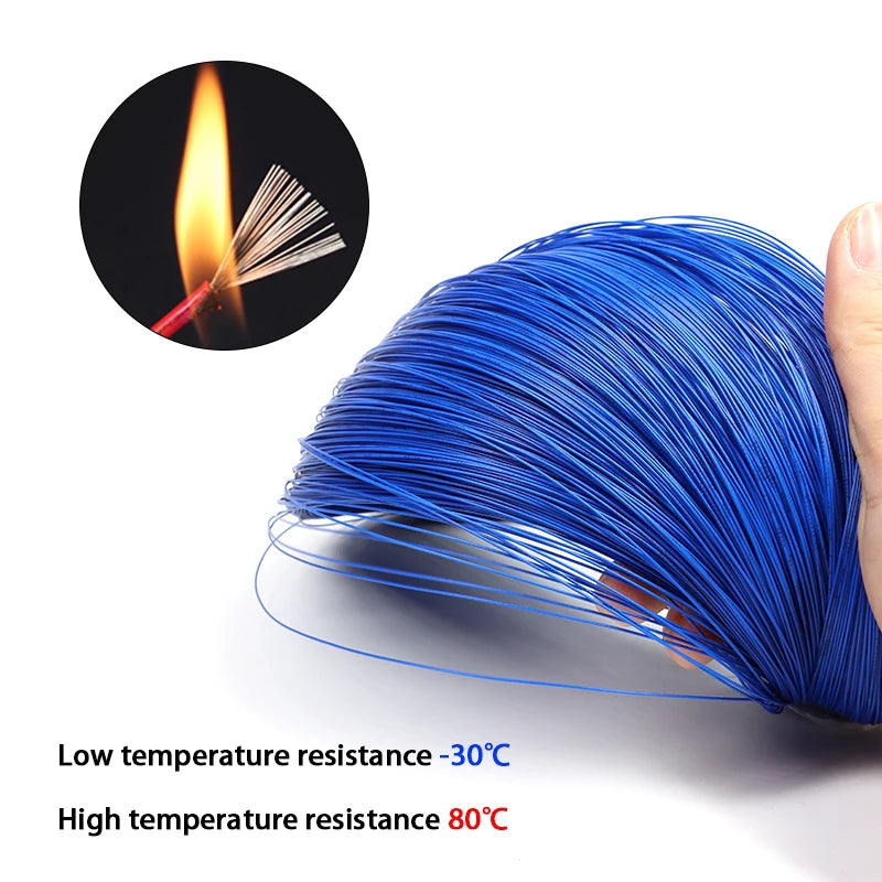 Blue PVC insulated hook-up wire kit with a flame icon, showing temperature resistance specifications.