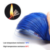 Blue PVC insulated hook-up wire kit with a flame icon, showing temperature resistance specifications.