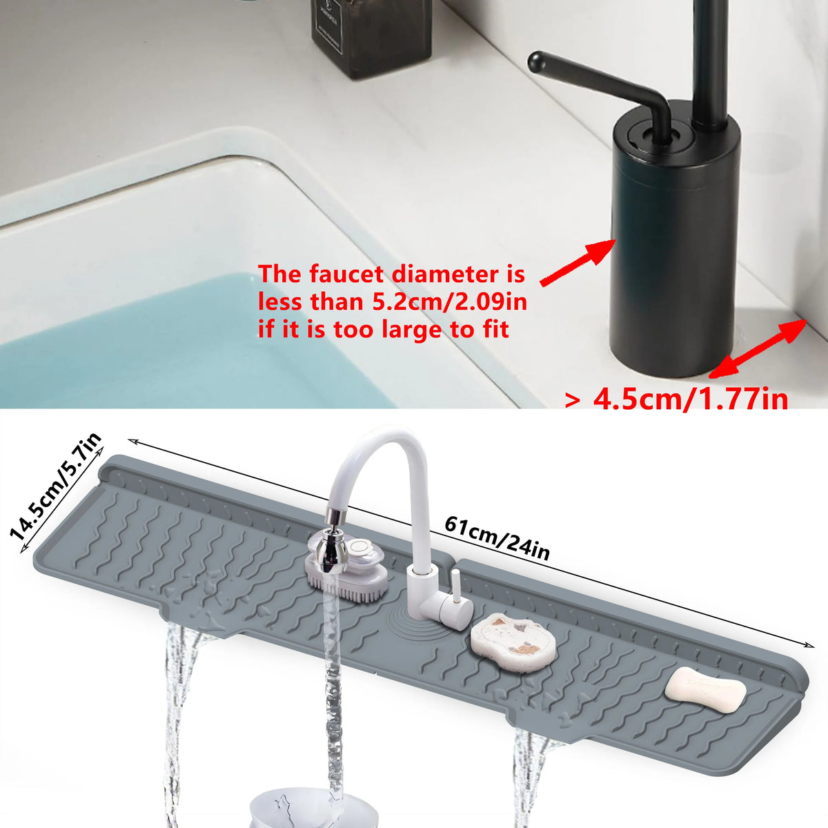 A silicone faucet mat is shown with water flowing from a faucet, demonstrating its use for kitchen sinks.