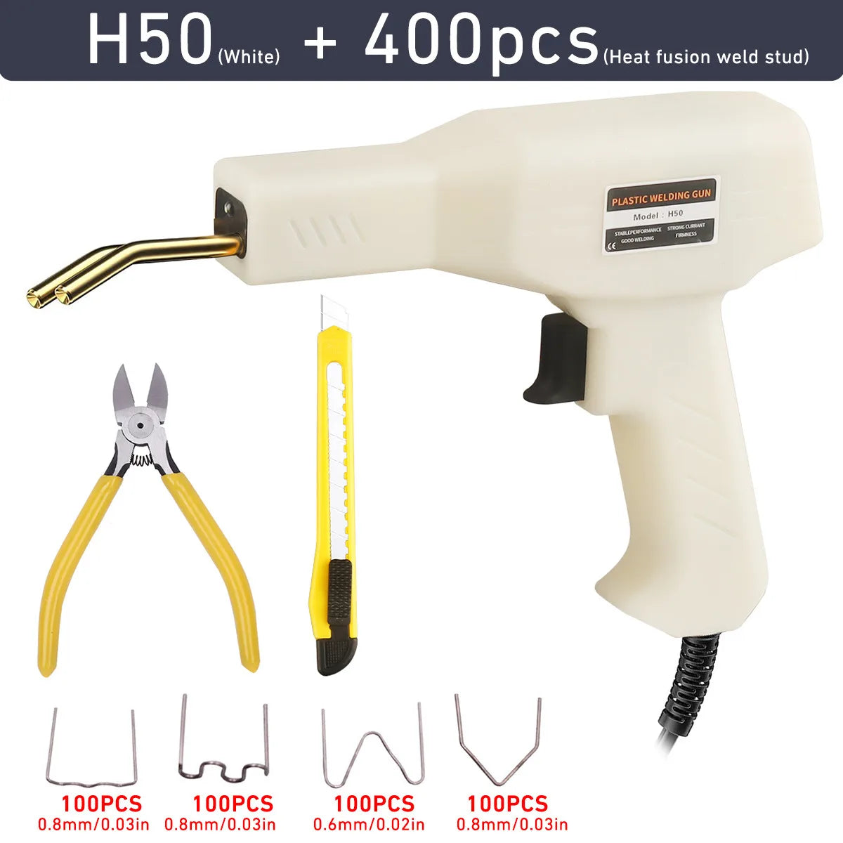 A white plastic welding gun and a set of metal staples for repair work.