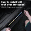 A hand is installing a black laser car door sill protector strip with blue accents onto a vehicle's door frame.