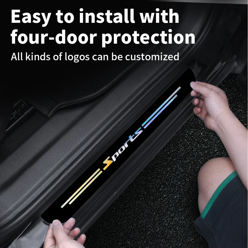 A hand is installing a black laser car door sill protector strip with blue accents onto a vehicle's door frame.