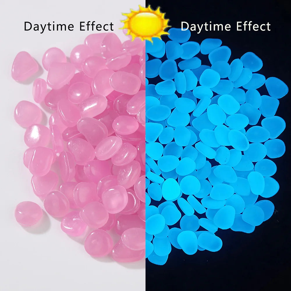 A split image showing pink and blue glow-in-the-dark resin pebbles under sunlight.