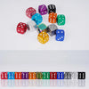 A set of nine aluminum alloy dice in various colors including red, purple, blue, green, and black.