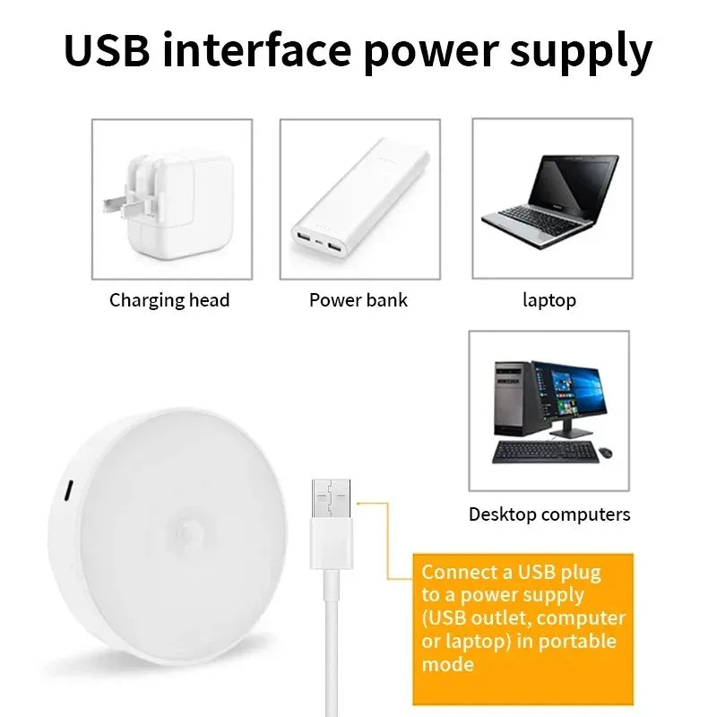 A white motion sensor LED night light with a USB rechargeable battery and various accessories shown.
