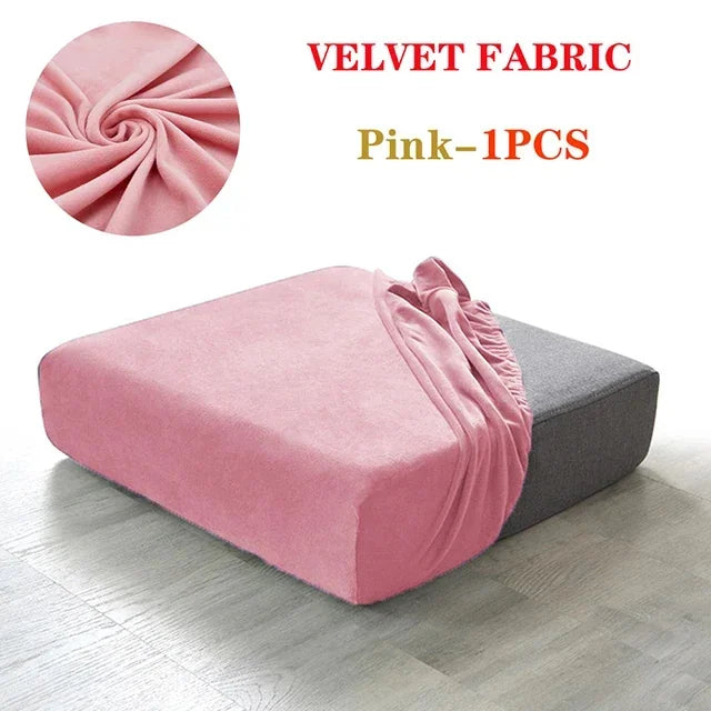 Pink velvet fabric sofa cover displayed on a gray sofa cushion.
