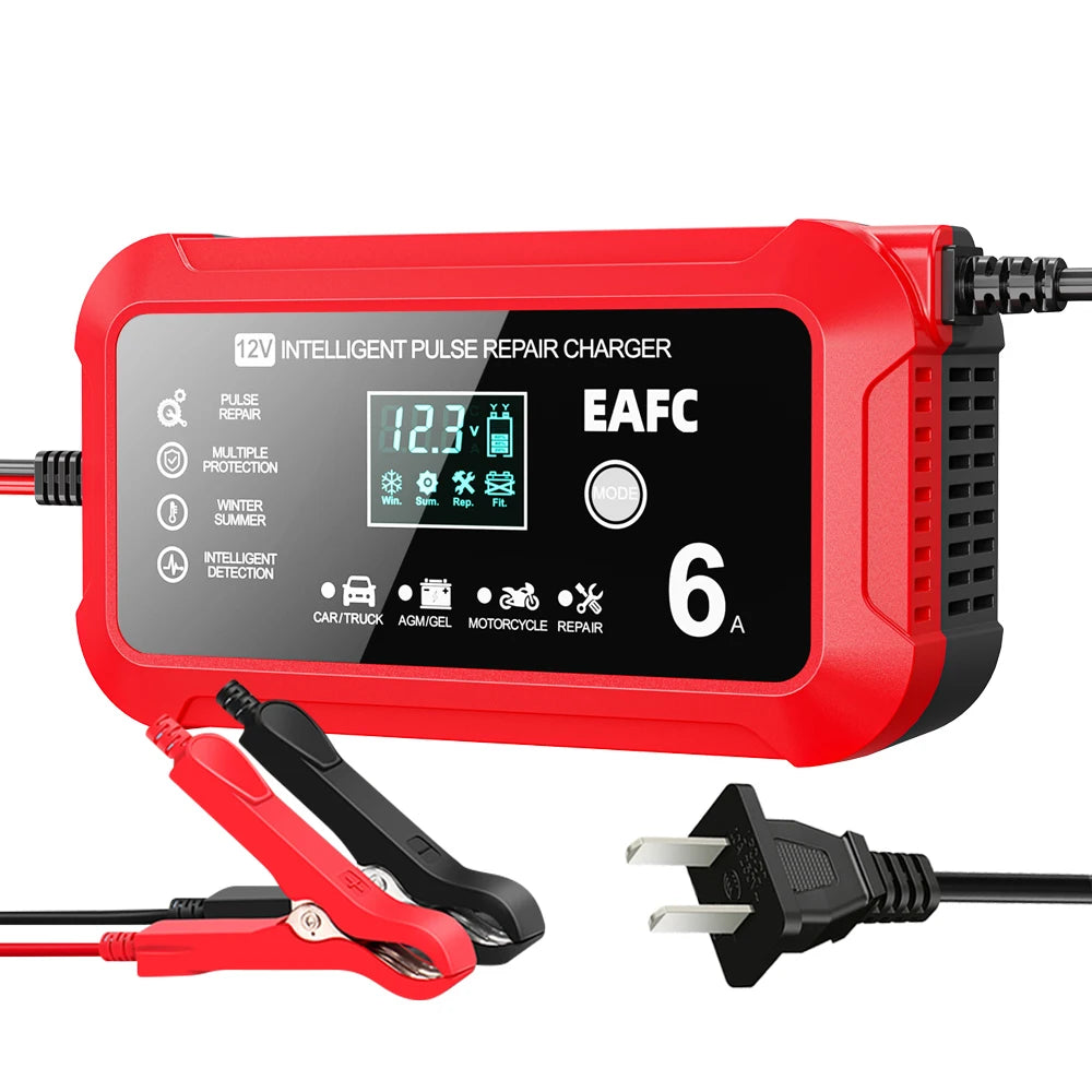 Red 12V intelligent pulse repair charger with LCD display and clamp tool for car or motorcycle batteries