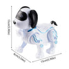 A white interactive remote control robot dog with black ears and blue light accents.
