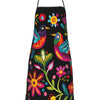 Black apron with a colorful floral print featuring birds and flowers.