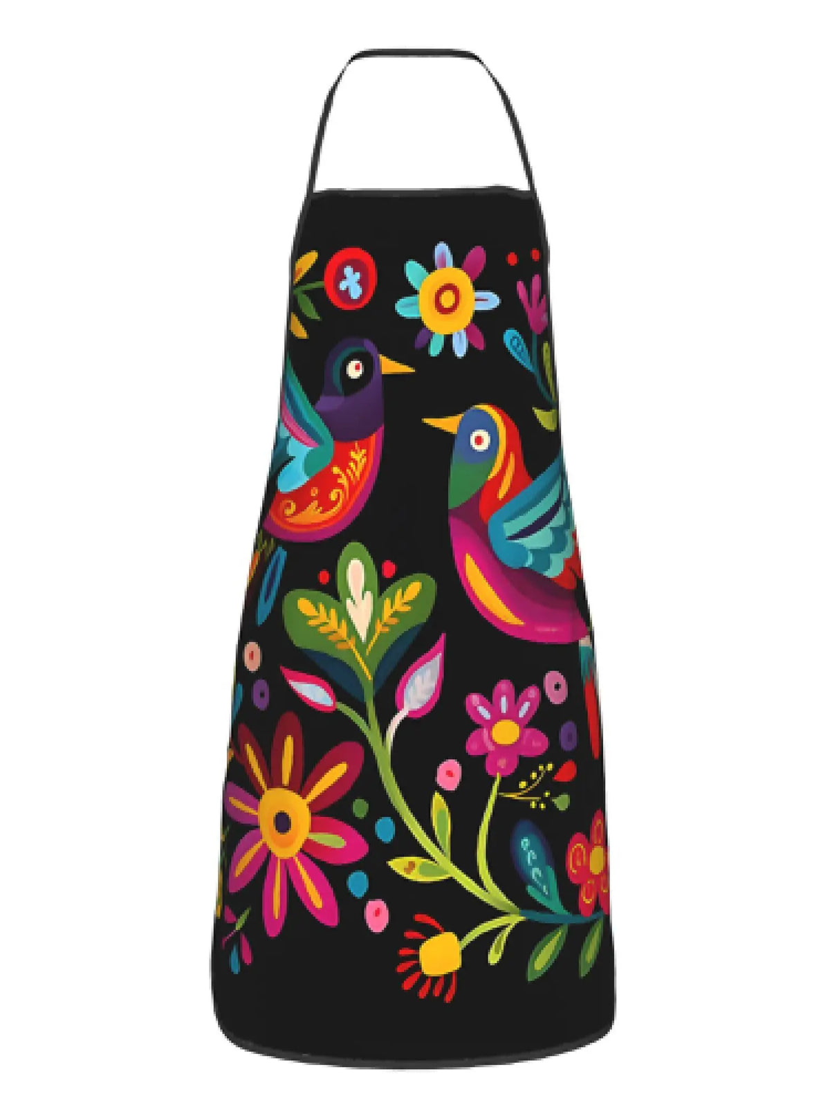 Black apron with a colorful floral print featuring birds and flowers.
