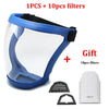Clear protective face mask with anti-fog shield and silicone seal shown with 1 piece and 10 filters.