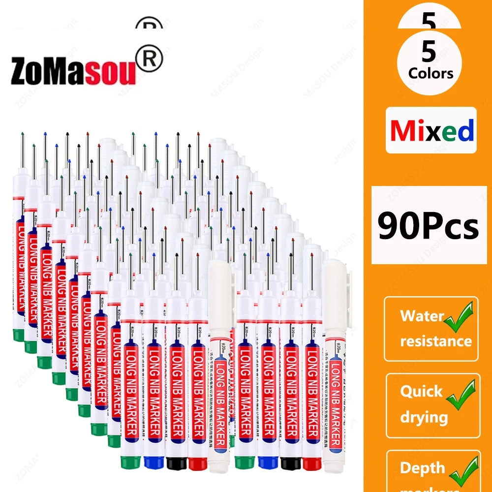 A set of 90 long nub markers for woodworking and construction, available in 5 colors.