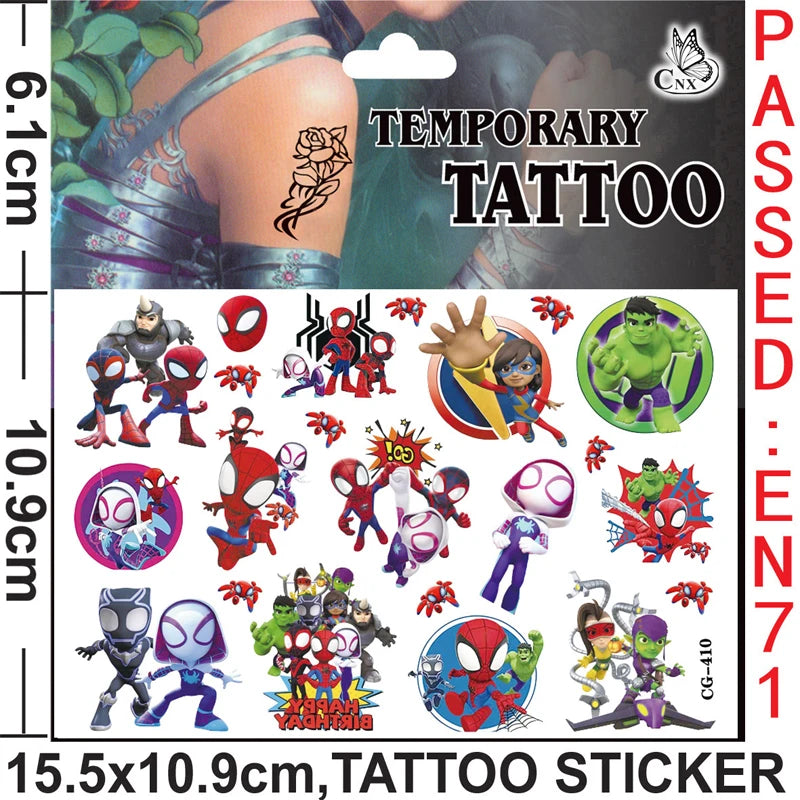 A collection of Spider-Man and related characters temporary tattoos on a sticker sheet.