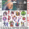 A collection of Spider-Man and related characters temporary tattoos on a sticker sheet.