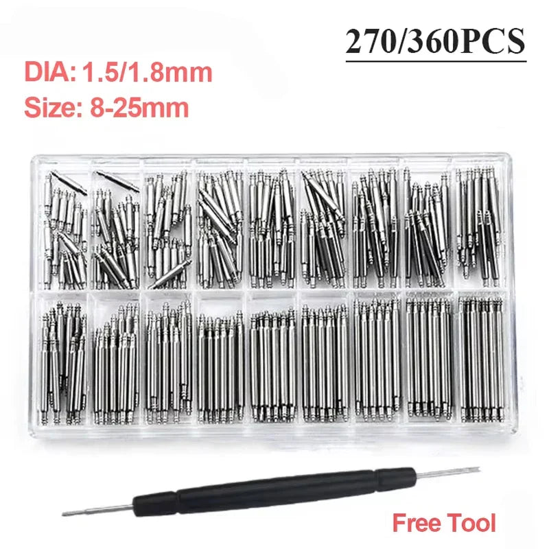 A clear plastic tray containing 270 to 360 stainless steel watch spring bars and a free tool.