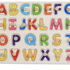A wooden alphabet peg puzzle set showing uppercase letters A through Z arranged in a grid.