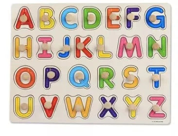 A wooden alphabet peg puzzle set showing uppercase letters A through Z arranged in a grid.